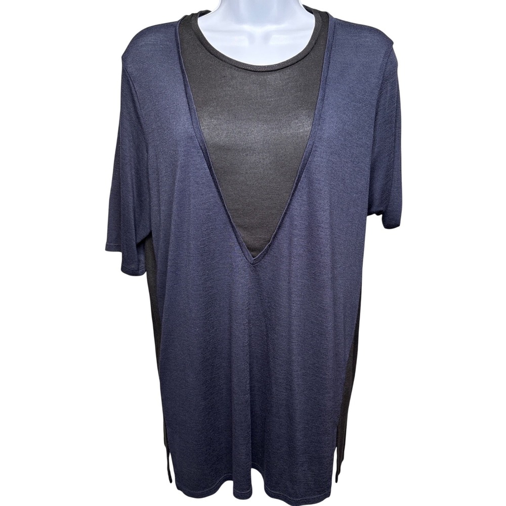 VINCE Navy Blue Black Layered V-Neck T-Shirt Sz L Side Slits Quiet Luxury Casual